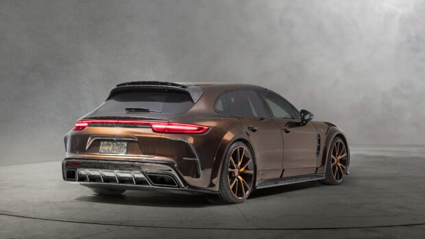 A brown Porsche Panamera with custom wheels showcased in a modern studio environment