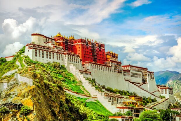 A stunning view of the Potala Palace showcasing its traditional architecture on a green hill under a blue sky
