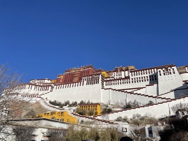 The magnificent Potala Palace in bright sunlight under a clear blue sky with detailed architecture