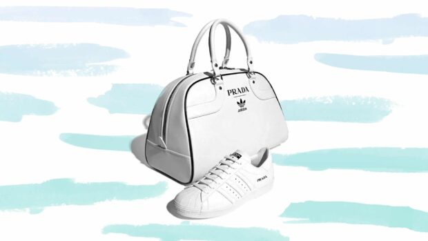 White Prada bag and sneaker displayed on a light blue abstract background with Prada branding visible