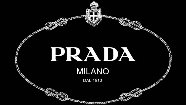Prada logo with Milano text and decorative rope frame on black background featuring Prada branding