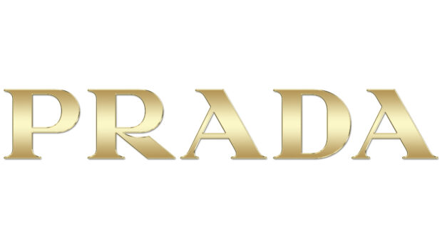Golden Prada text logo with a shiny metallic finish on a white background