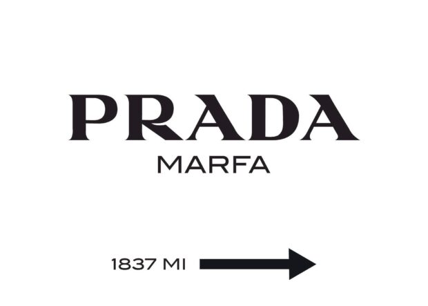 Prada Marfa sign pointing direction with distance in miles on white background