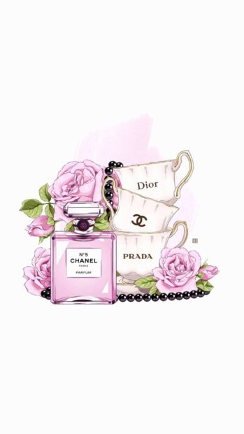 Elegant Prada teacup surrounded by pink roses with Chanel perfume and Dior teacup