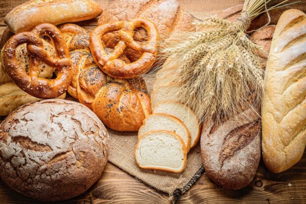Freshly baked pretzel surrounded by various types of bread and wheat stalks on wooden surface