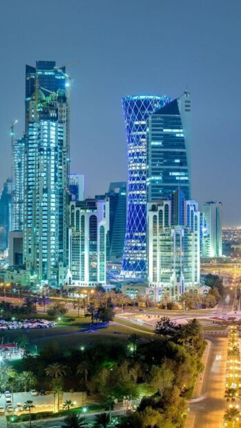 Modern Qatar city skyline with distinctive architecture at night in HD quality