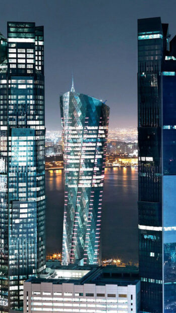 The iconic Doha skyscraper highlighting modern architecture in Qatar cityscape at night