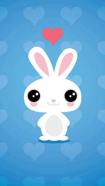 Cute rabbit with big eyes and pink cheeks standing with heart symbols on blue background