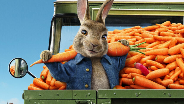 A cute rabbit holding a large carrot in front of a truck filled with fresh carrots