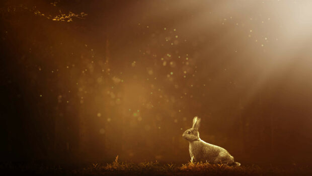 A rabbit sitting quietly in a sunlit forest clearing with warm glowing particles around
