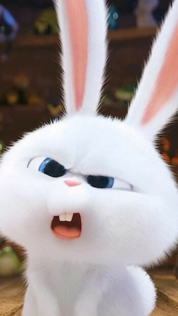 Angry white rabbit with blue eyes showing teeth indoors