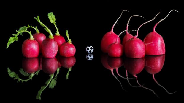 A group of fresh radish arranged on a reflective surface with a small soccer ball between them