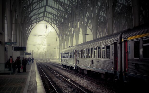 A railway station with a train waiting on the tracks under an arched roof structure