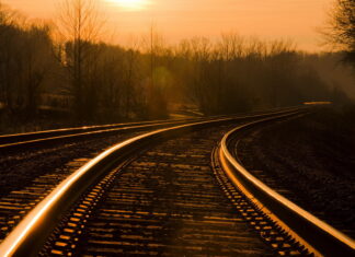 Golden sunlight reflecting on railway tracks in a peaceful forest setting at sunset