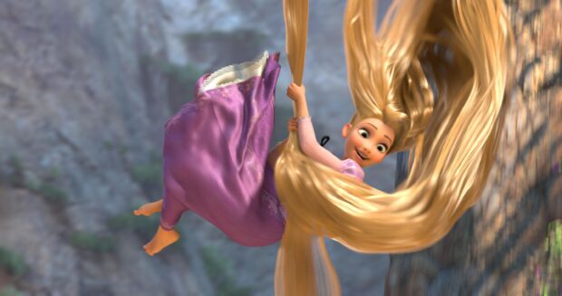 Rapunzel swinging happily with her long hair in a vibrant purple dress