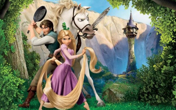 Rapunzel with her long hair standing confidently with Flynn Ryder and a white horse near the tower