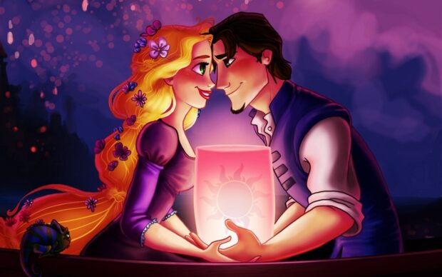 Rapunzel characters share a glowing lantern in a romantic boat scene at night