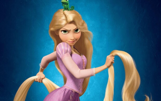 Rapunzel holding her long golden hair with a small green chameleon on her head in front of a blue background