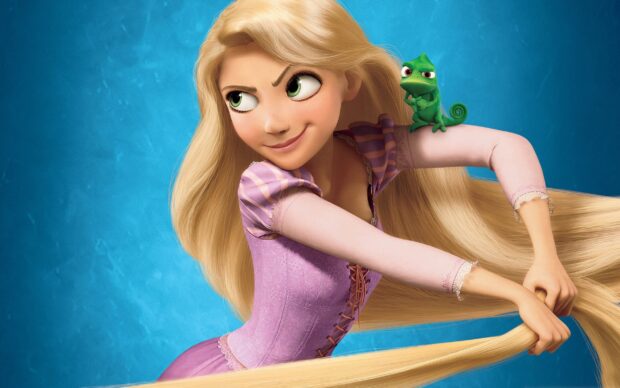 Rapunzel holding her long hair with Pascal the chameleon on her arm in a vibrant scene