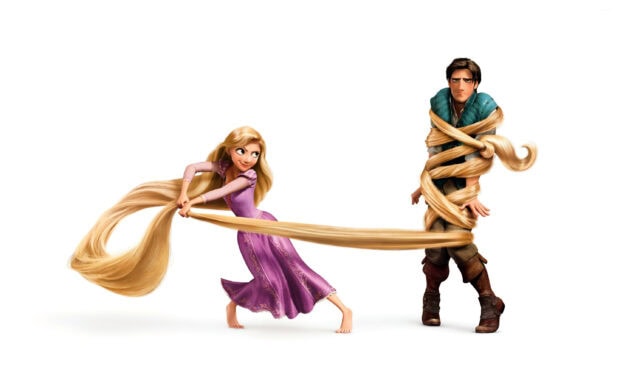 Rapunzel holding her long hair wrapped around a man in a playful scene with Rapunzel