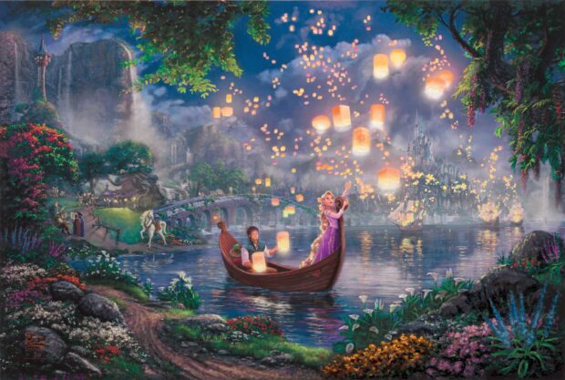 Rapunzel and Flynn Rider releasing lanterns on a boat during the festival in a vibrant fantasy scene