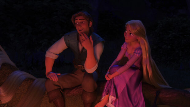 Rapunzel and Flynn Rider sitting together in the forest at night discussing with Rapunzel's long hair flowing behind her