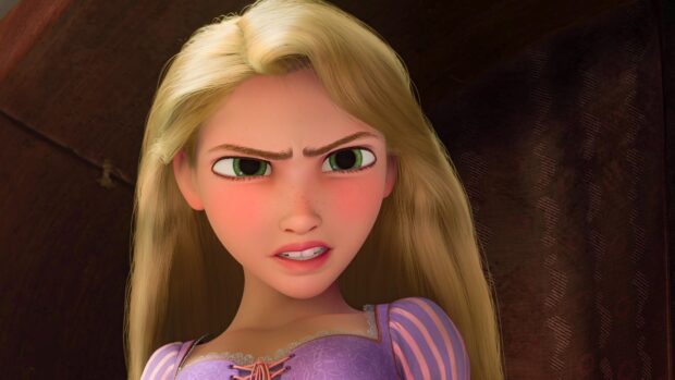 Rapunzel with long blonde hair looking determined in a detailed purple dress