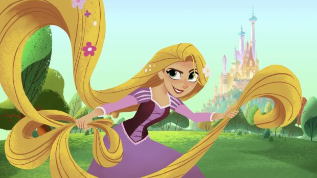 Rapunzel with long golden hair playing in the garden near the castle in a fantasy landscape