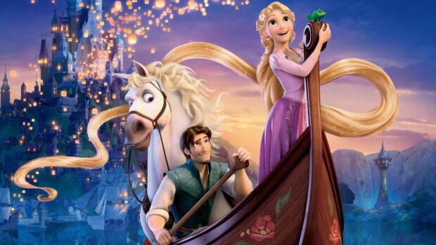 Rapunzel with long golden hair sailing on a boat with a horse and a man in a vibrant fantasy scene