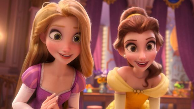 Rapunzel and her friend smiling brightly in a royal room with detailed decorations