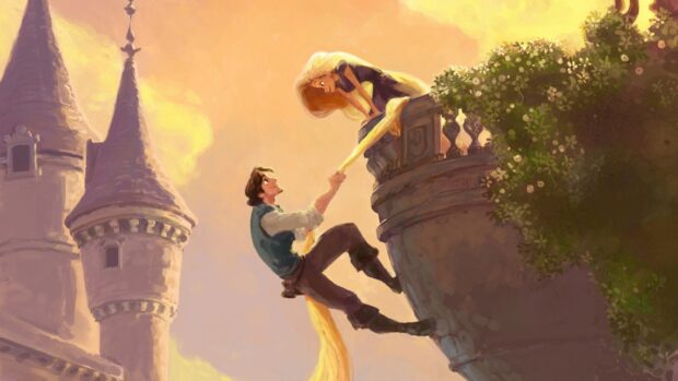 Rapunzel character helping a man climb up the castle tower in a fantasy scene