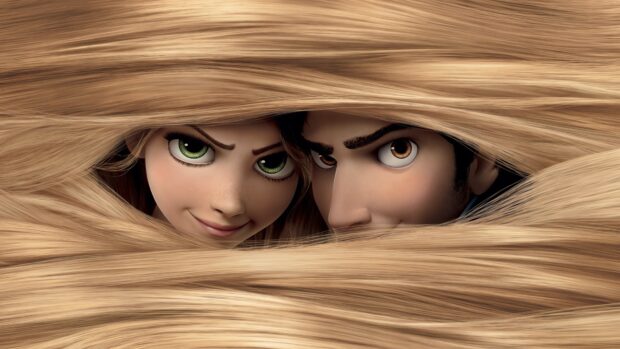 Rapunzel characters peeking through flowing golden hair strands with determined expressions