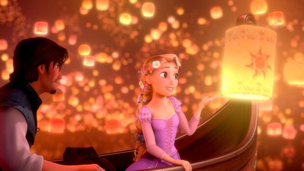 Rapunzel holding a glowing lantern surrounded by floating lights in a boat scene