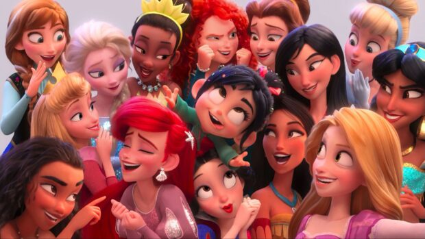 A group of princesses smiling and posing together featuring Rapunzel in a joyful scene