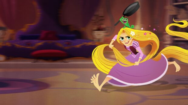 Rapunzel holding her long hair while running inside a castle room with a chameleon on her head