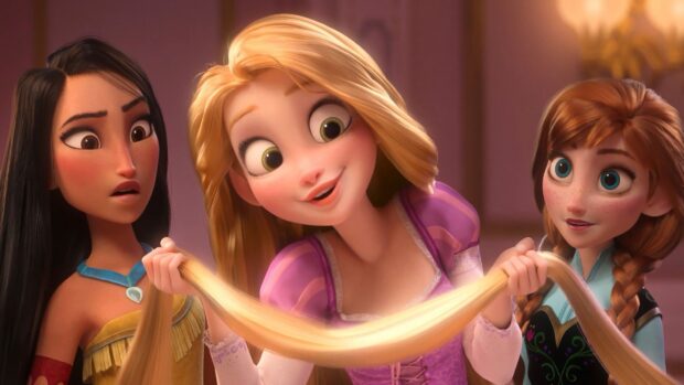 Rapunzel holding her long hair with two friends watching closely in a bright room