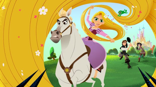 Rapunzel riding a white horse with long hair flowing in the wind