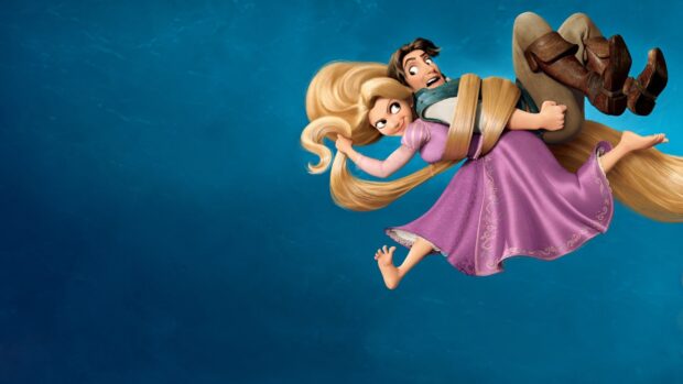 Rapunzel holding a man tightly with her long hair in a playful scene