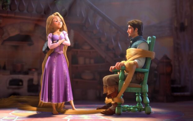 Rapunzel tying a man to the chair with her long hair in a detailed animated scene