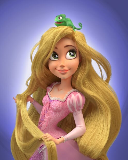 Rapunzel with long golden hair smiling and holding her hair with a green chameleon on her head