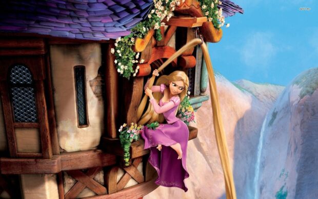 Rapunzel with long hair sitting outside a tower with a small green chameleon nearby
