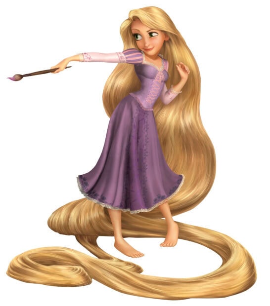 Rapunzel character with long golden hair wearing a purple dress and holding a paintbrush