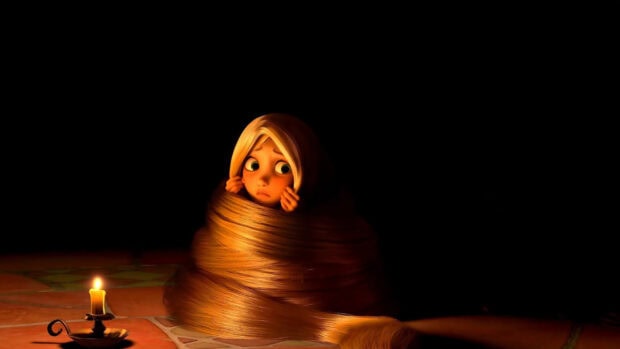 Rapunzel wrapped in her long hair looking worried near a candle light