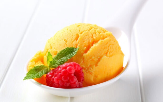 A fresh raspberry with a sprig of mint next to a scoop of orange ice cream in a white bowl