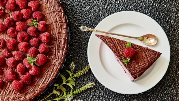 A slice of chocolate cake decorated with raspberry on a white plate