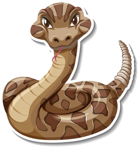 Cute rattlesnake cartoon with brown patterns and forked tongue on white background