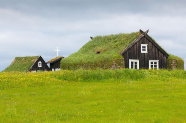 Traditional turf houses surrounded by green grass in Reykjavik