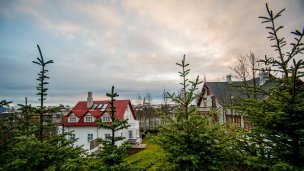 Traditional Reykjavik architecture surrounded by green trees and overcast sky in Iceland