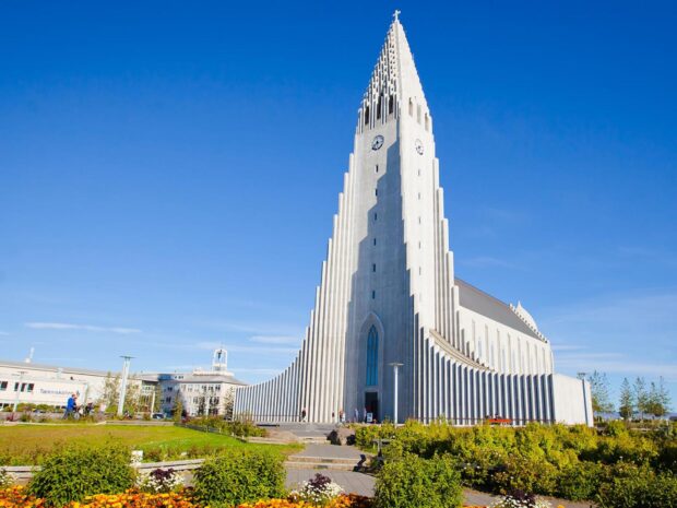 Hallgrimskirkja church in Reykjavik with blue sky and vibrant garden in front