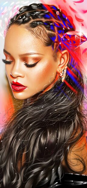 A detailed portrait of Rihanna with braided hair and sparkling makeup